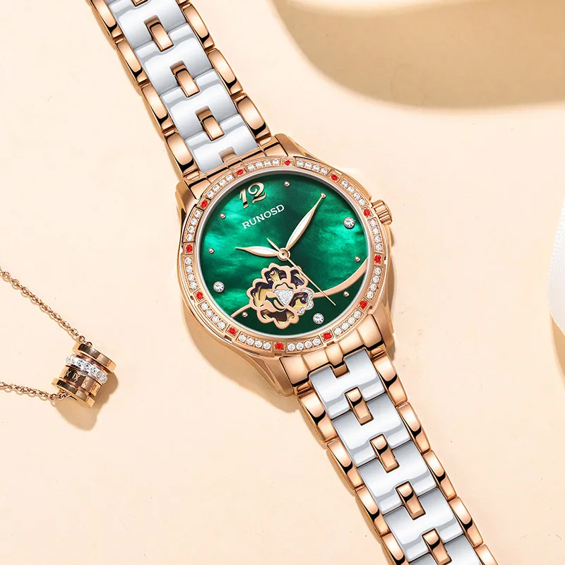 RUNOSD Mechanical Movement Ceramic Strap Watch Women's Watch White Dial-15