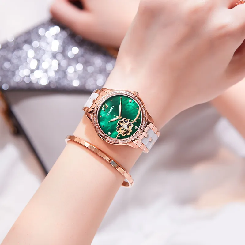 RUNOSD Mechanical Movement Ceramic Strap Watch Women's Watch White Dial-22