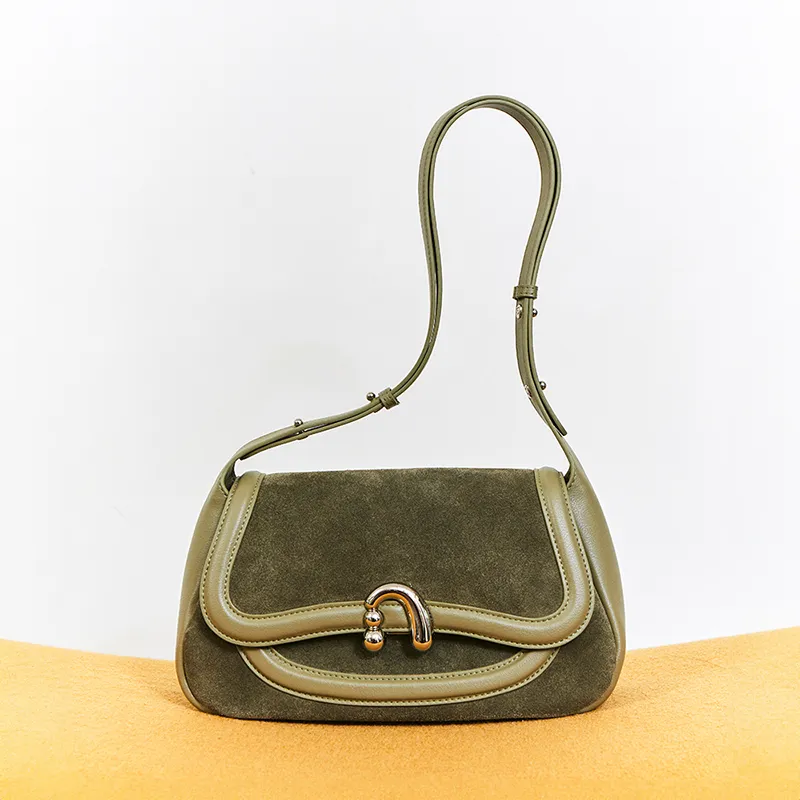 AMAZING SONG Cow Leather Nubuck Handheld Bag Saddle Bag Shoulder Bag Women's Black/White/Green/Red-34