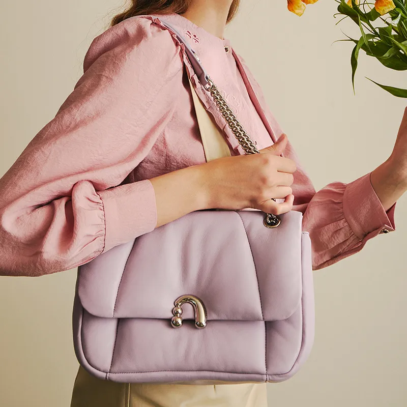 AMAZING SONG Sheepskin Chain Bag, Flower Bun Bag, Shoulder Bag, Crossbody Bag Women's Elegant Black/Taro Purple/Acorn-7