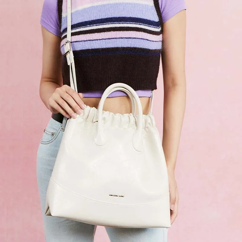 AMAZING SONG Stray Bag Series Cow Leather Tote Bag, Shopping Bag, Handbag, Crossbody Bag Tubas Women's Black/White-15
