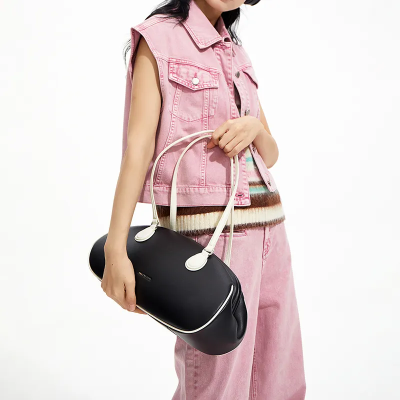 AMAZING SONG Cow Leather Commute OL Baguette Bag Shoulder Bag Large Size Women's Oatmeal White/Elegant Black-15