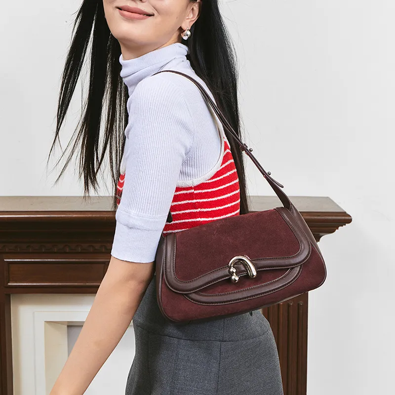 AMAZING SONG Cow Leather Nubuck Handheld Bag Saddle Bag Shoulder Bag Women's Black/White/Green/Red-47