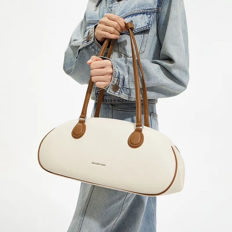 AMAZING SONG Cow Leather Commute OL Baguette Bag Shoulder Bag Large Size Women's Oatmeal White/Elegant Black-6