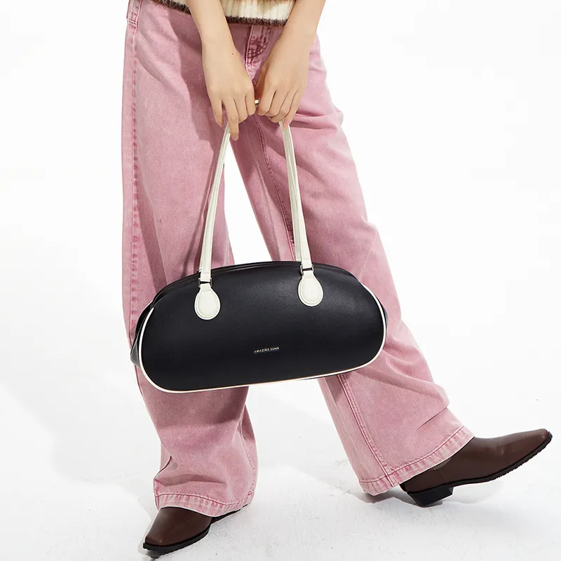 AMAZING SONG Cow Leather Commute OL Baguette Bag Shoulder Bag Large Size Women's Oatmeal White/Elegant Black-14
