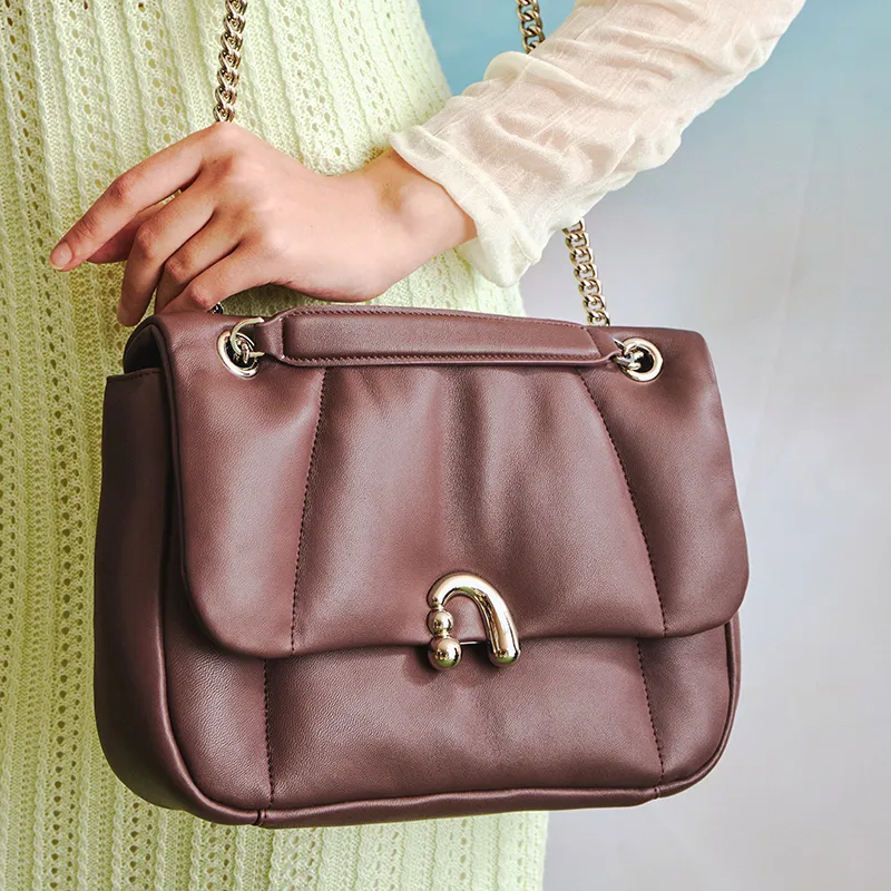 AMAZING SONG Sheepskin Chain Bag, Flower Bun Bag, Shoulder Bag, Crossbody Bag Women's Elegant Black/Taro Purple/Acorn-17