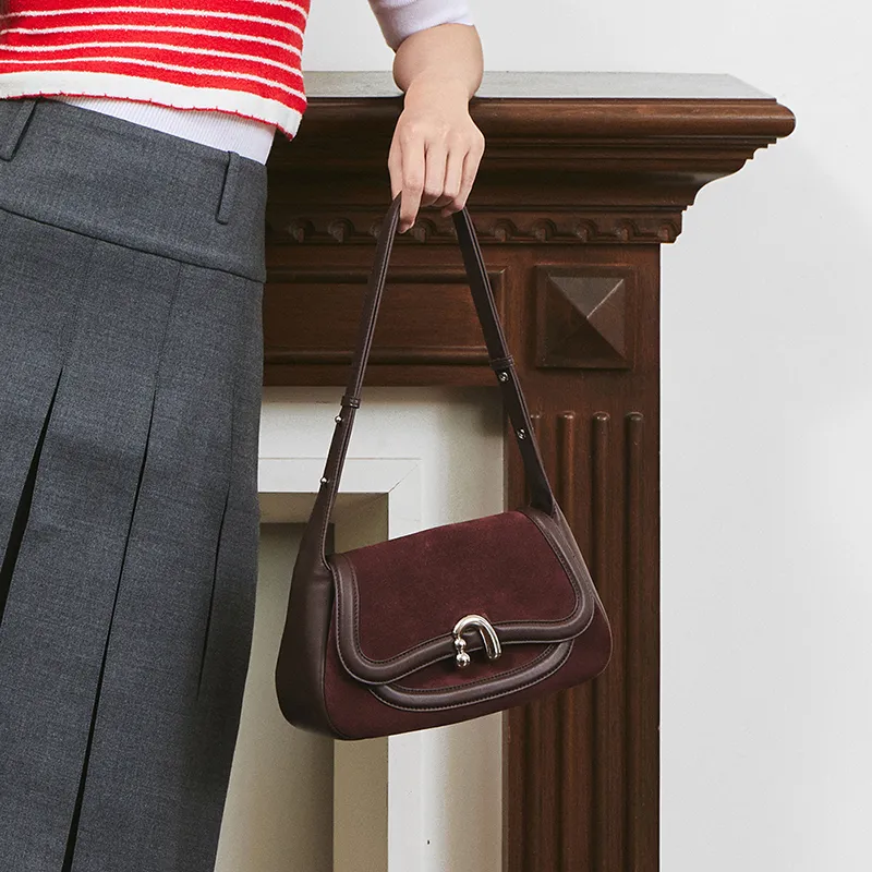 AMAZING SONG Cow Leather Nubuck Handheld Bag Saddle Bag Shoulder Bag Women's Black/White/Green/Red-44