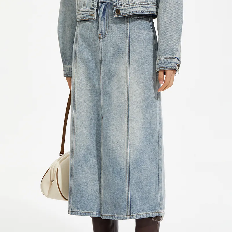 AMAZING SONG Denim Long Skirts Women's Washed Blue-4