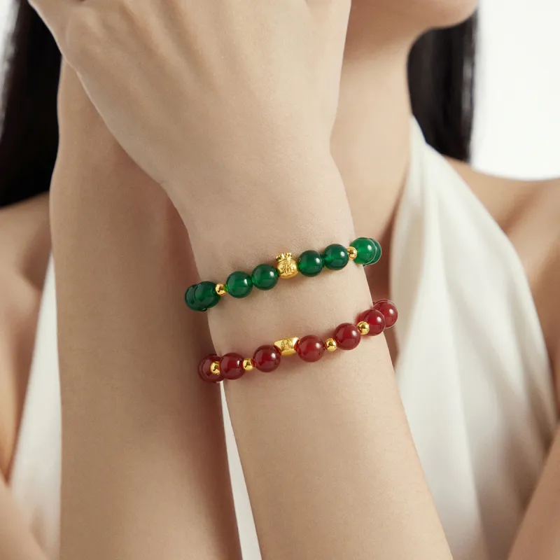 CHOW TAI FOOK Elegant Fu Character Gold Ingot, Gold Fortune Bead # Good Luck Chalcedony Fixed Price Bracelets Unisex-4
