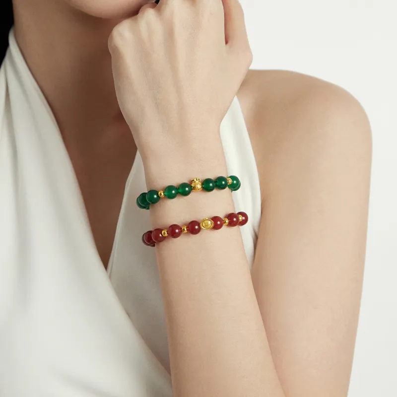 CHOW TAI FOOK Elegant Fu Character Gold Ingot, Gold Fortune Bead # Good Luck Chalcedony Fixed Price Bracelets Unisex-3