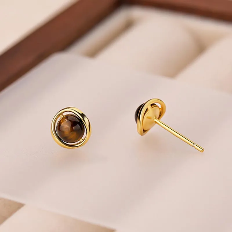 DAN DREAM Tiger's Eye Stone Stud Earrings Women's-4