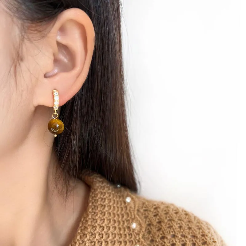 DAN DREAM Tiger's Eye Stone Clip On Earrings Women's-2