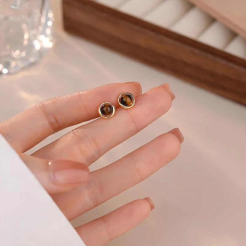 DAN DREAM Tiger's Eye Stone Stud Earrings Women's-3