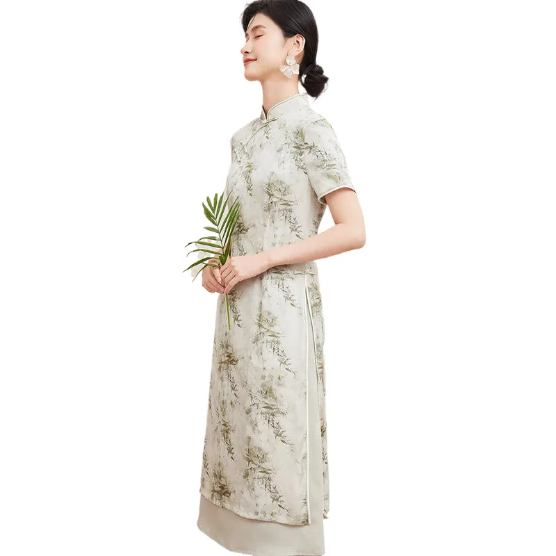 JINJU Short Sleeved Dress Women's Bamboo Leaf-1