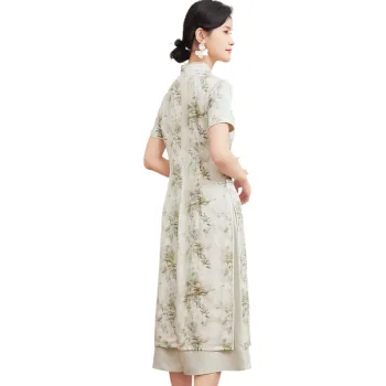 JINJU Short Sleeved Dress Women's Bamboo Leaf