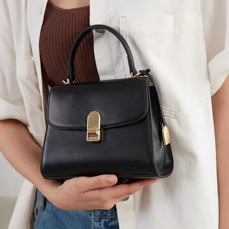 LA FESTIN Top Grain Cow Leather Commute One Shoulder Handbag Medium Size Women's Rouge Red/Ink Black/Jade White-2