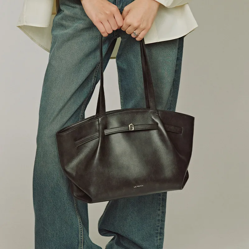 LA FESTIN Top Grain Cow Leather Handbag, Shoulder Bag, Underarm Tote Tubas Women's Cocoa Brown/Coconut Green/Dual Black-12