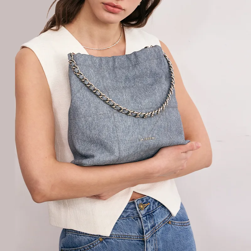 LA FESTIN Cow Leather Shoulder Bag Crossbody Bag Tote Bag Women's Sassy Black/Cool White/Misty Gray Green/Denim Blue-13