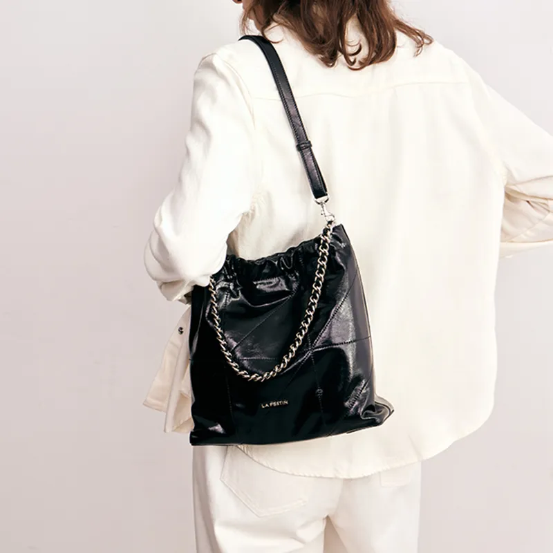 LA FESTIN Cow Leather Shoulder Bag Crossbody Bag Tote Bag Women's Sassy Black/Cool White/Misty Gray Green/Denim Blue-1