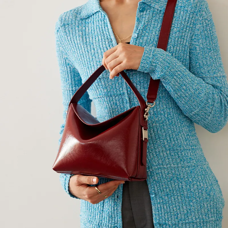 LA FESTIN Oil Wax Cow Leather Bucket Bag, One Shoulder Handbag Women's Knight Black/Raffia Red/Aurora Silver-7