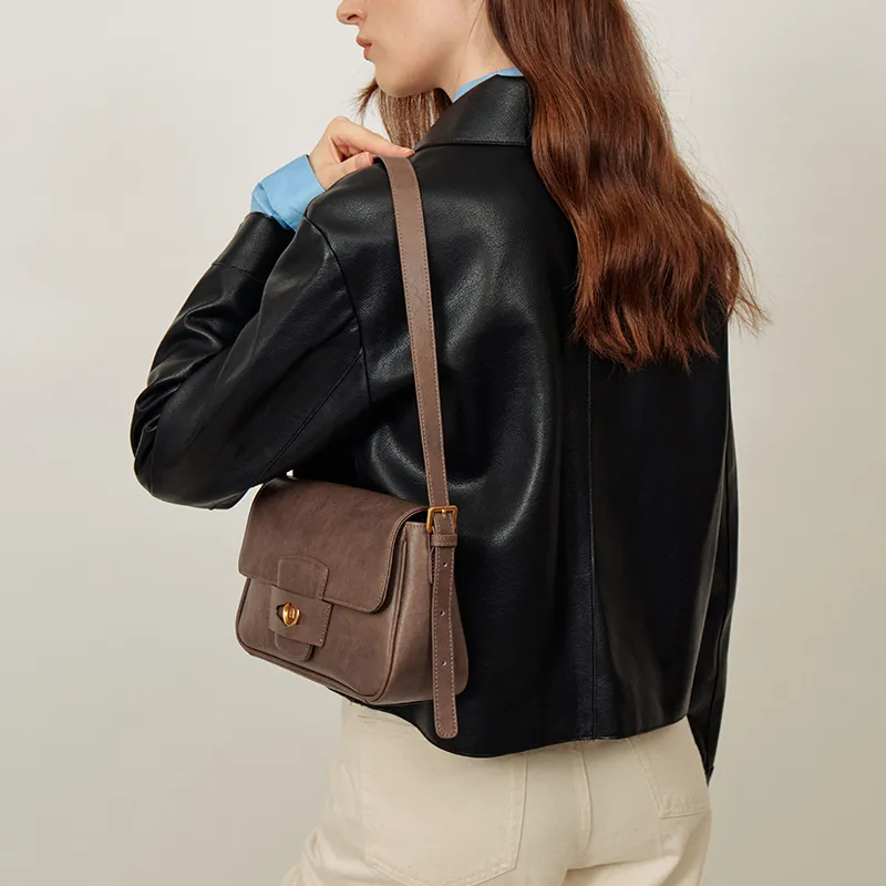 LA FESTIN Cow Leather Shoulder Bag Medium Size Women's Caramel Brown/Dark Wood Brown-2