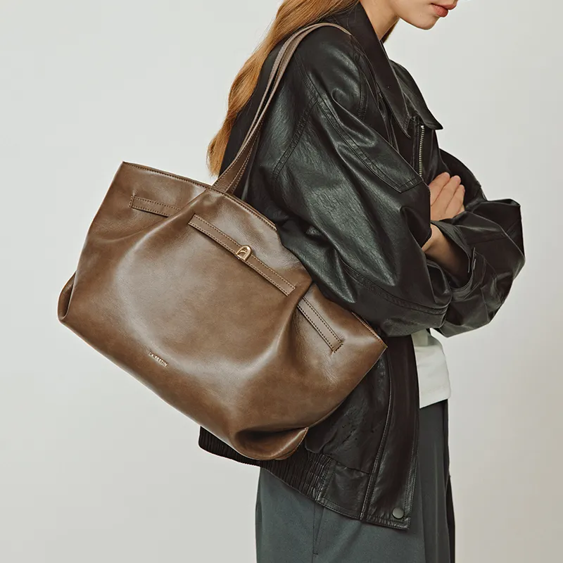 LA FESTIN Top Grain Cow Leather Handbag, Shoulder Bag, Underarm Tote Tubas Women's Cocoa Brown/Coconut Green/Dual Black-1