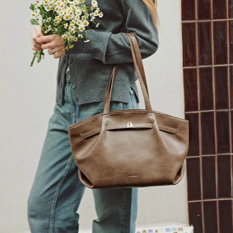 LA FESTIN Top Grain Cow Leather Handbag, Shoulder Bag, Underarm Tote Tubas Women's Cocoa Brown/Coconut Green/Dual Black-4