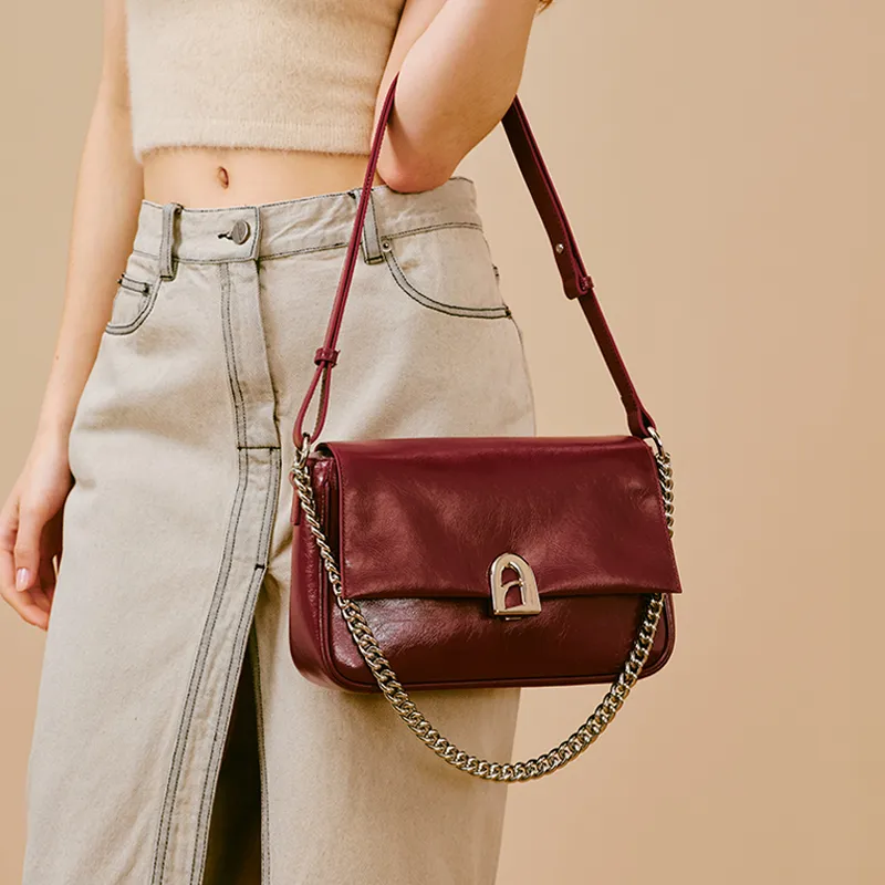 LA FESTIN Cow Leather Simple Shoulder Bag Medium Size Women's Cool White/Playful Black/Energy Red-15