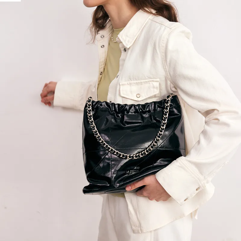 LA FESTIN Cow Leather Shoulder Bag Crossbody Bag Tote Bag Women's Sassy Black/Cool White/Misty Gray Green/Denim Blue-3