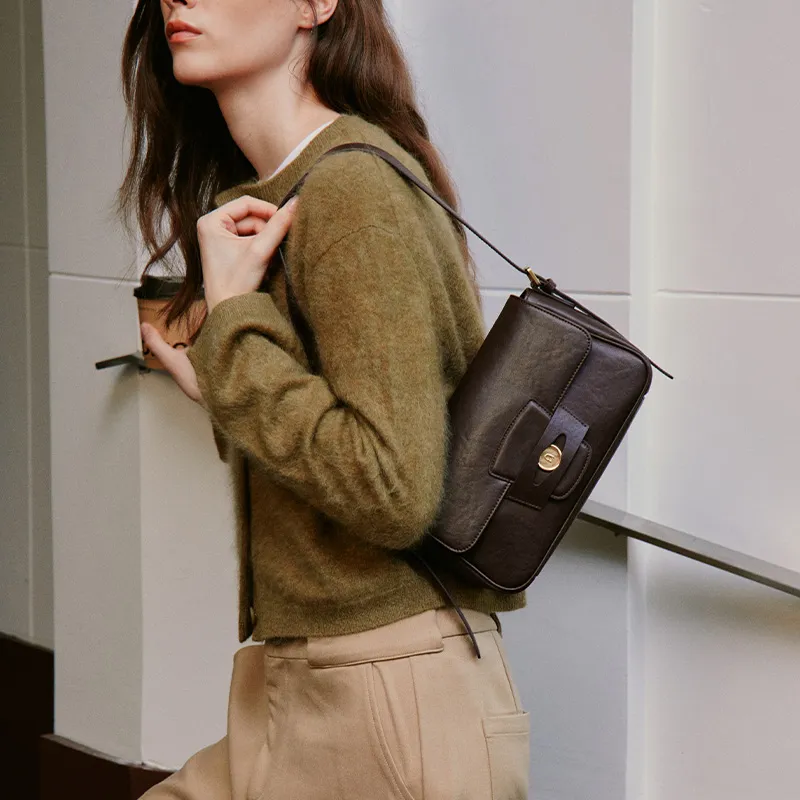 LA FESTIN Cow Leather Shoulder Bag Medium Size Women's Caramel Brown/Dark Wood Brown-5