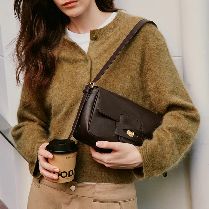 LA FESTIN Cow Leather Shoulder Bag Medium Size Women's Caramel Brown/Dark Wood Brown-6