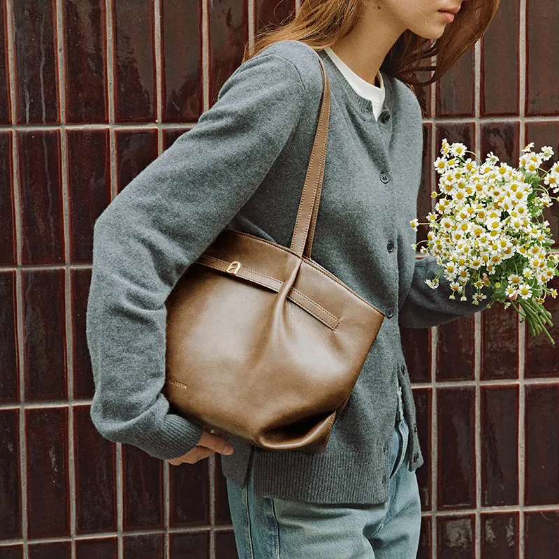 LA FESTIN Top Grain Cow Leather Handbag, Shoulder Bag, Underarm Tote Tubas Women's Cocoa Brown/Coconut Green/Dual Black-5