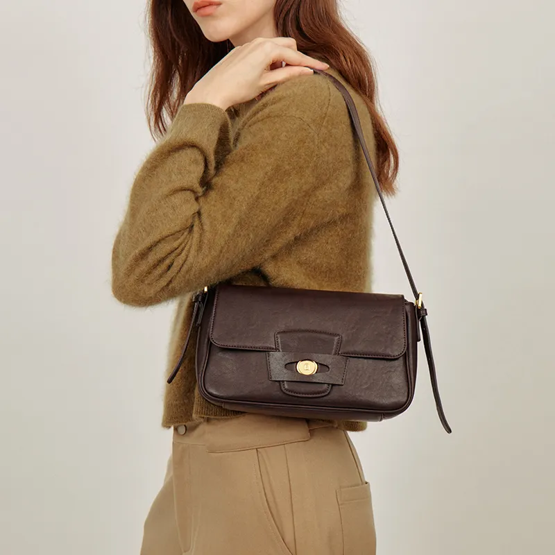 LA FESTIN Cow Leather Shoulder Bag Medium Size Women's Caramel Brown/Dark Wood Brown-9