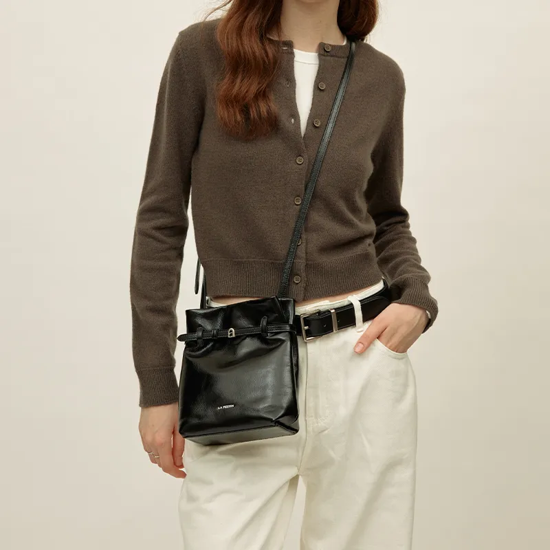 LA FESTIN Top Grain Cow Leather Crossbody Bag, Shoulder Bag, Bucket Bag Trumpets Women's Ancora Red/Twilight Black-8