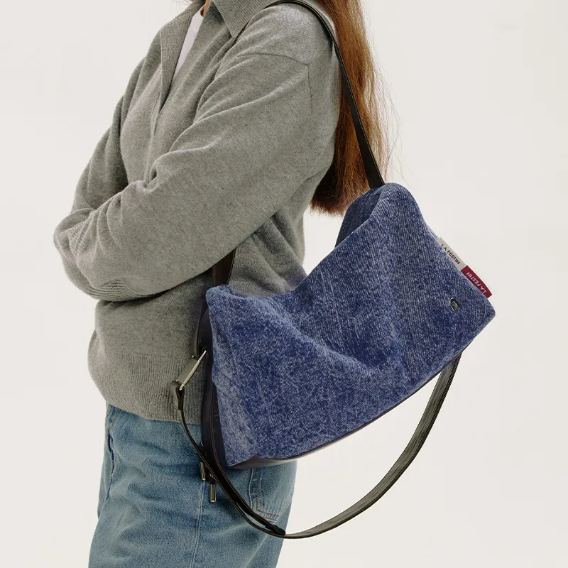 LA FESTIN Synthetic Leather Shoulder Bag Crossbody Bag Tote Large Medium Women's Denim Blue-3