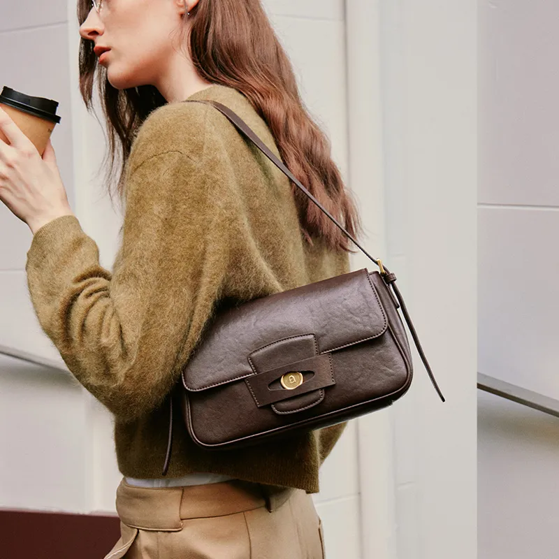 LA FESTIN Cow Leather Shoulder Bag Medium Size Women's Caramel Brown/Dark Wood Brown-8
