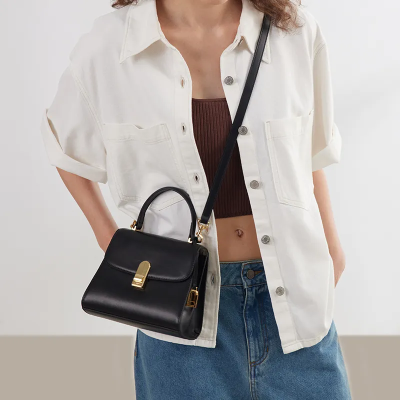 LA FESTIN Top Grain Cow Leather Commute One Shoulder Handbag Medium Size Women's Rouge Red/Ink Black/Jade White-1