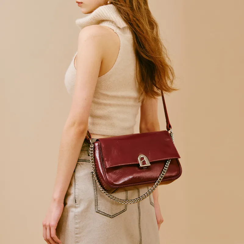 LA FESTIN Cow Leather Simple Shoulder Bag Medium Size Women's Cool White/Playful Black/Energy Red-13