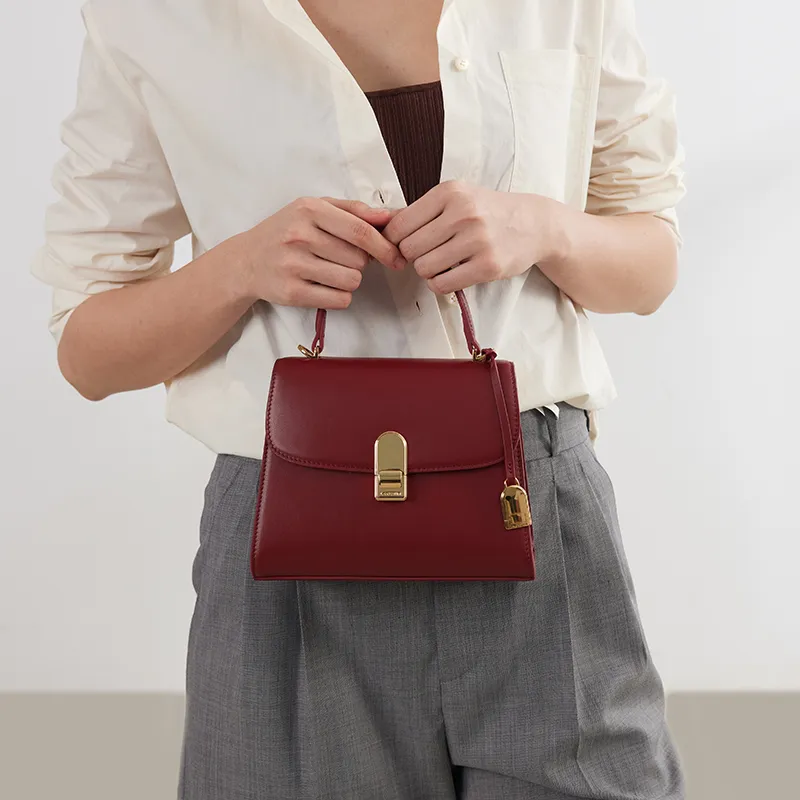 LA FESTIN Top Grain Cow Leather Commute One Shoulder Handbag Medium Size Women's Rouge Red/Ink Black/Jade White-1