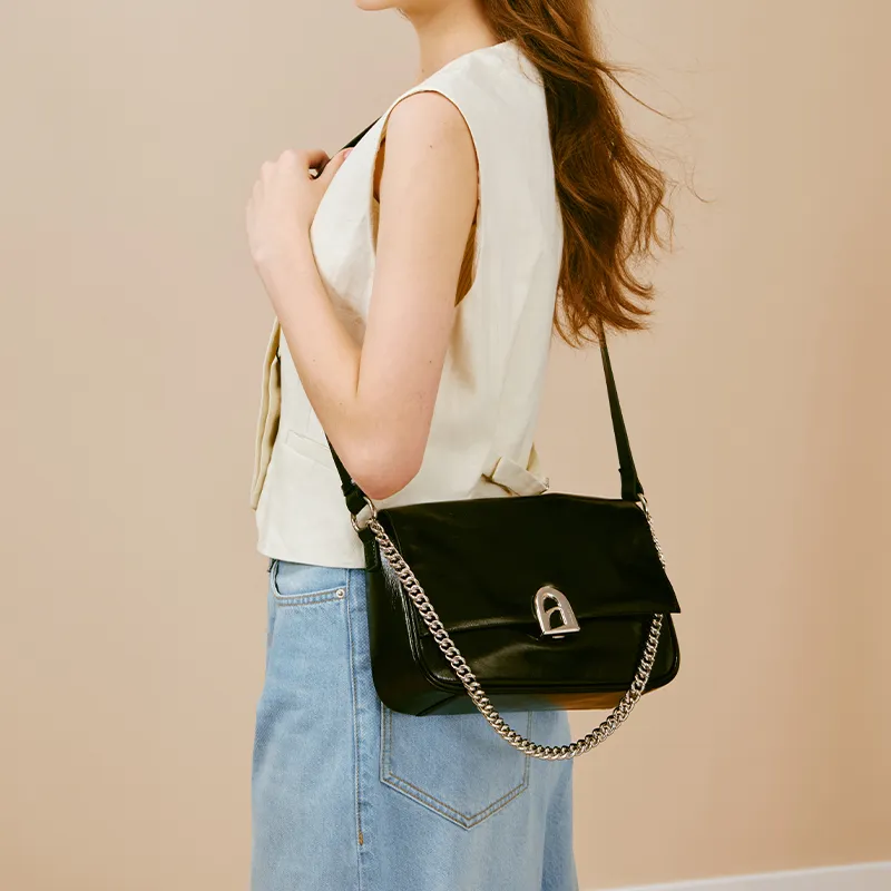 LA FESTIN Cow Leather Simple Shoulder Bag Medium Size Women's Cool White/Playful Black/Energy Red-7