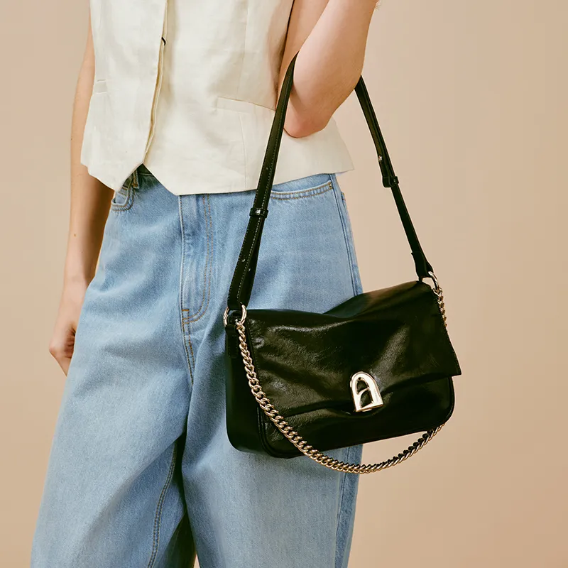 LA FESTIN Cow Leather Simple Shoulder Bag Medium Size Women's Cool White/Playful Black/Energy Red-9