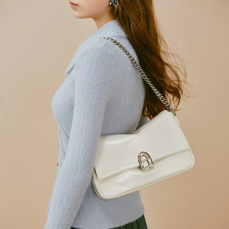 LA FESTIN Cow Leather Simple Shoulder Bag Medium Size Women's Cool White/Playful Black/Energy Red-3