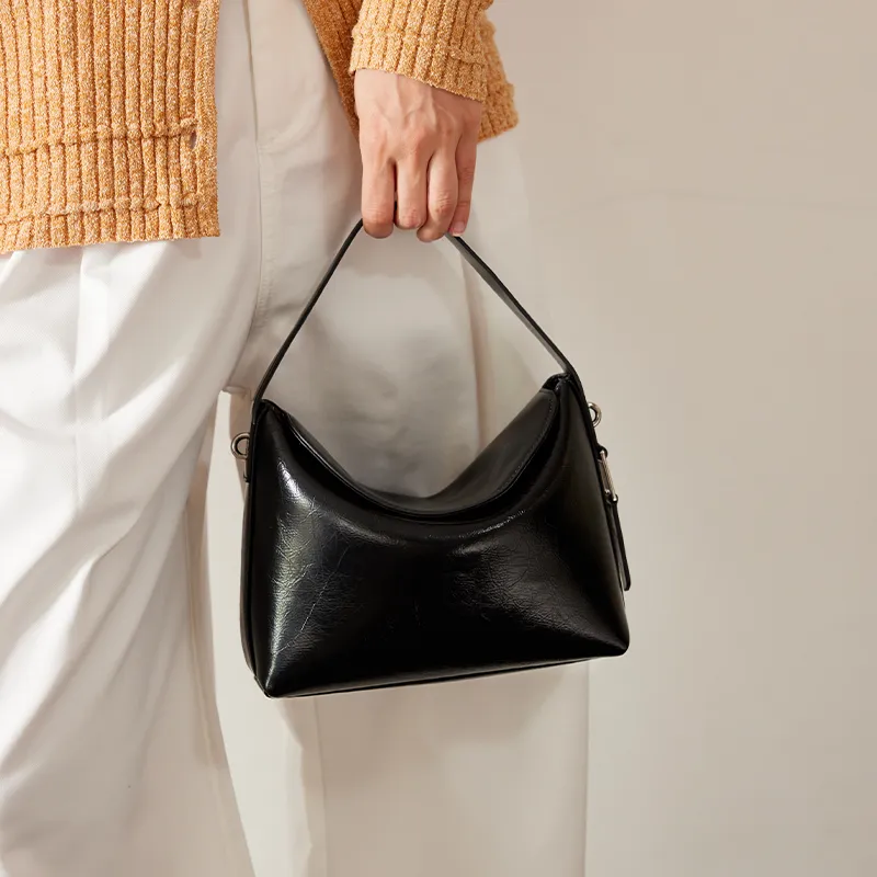 LA FESTIN Oil Wax Cow Leather Bucket Bag, One Shoulder Handbag Women's Knight Black/Raffia Red/Aurora Silver-2