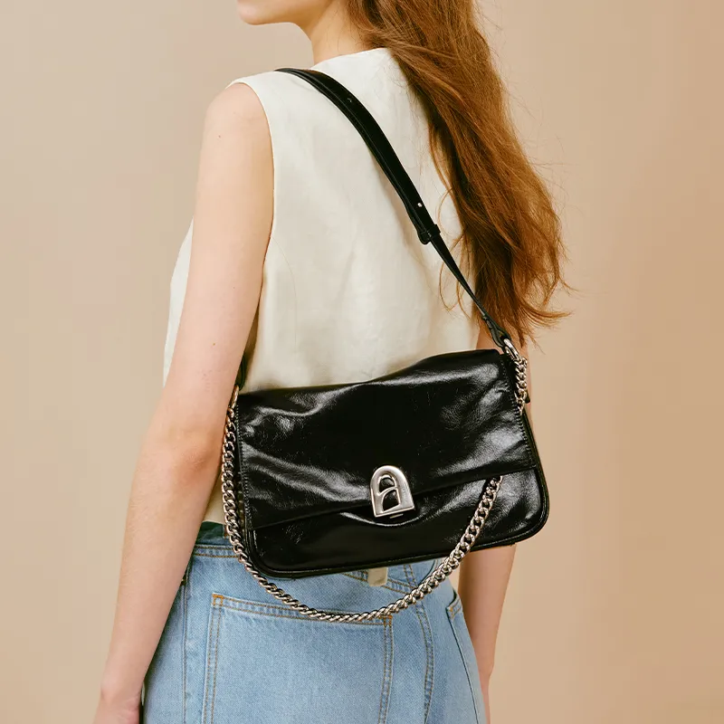 LA FESTIN Cow Leather Simple Shoulder Bag Medium Size Women's Cool White/Playful Black/Energy Red-6