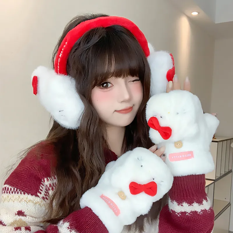 Hello Kitty Polyester Knit Gloves Unisex Red White-3