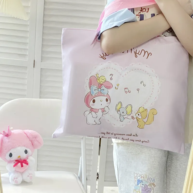 Sanrio Canvas Tote Bag, Shopping Bag, Shoulder Bag Regular Unisex White Pink-3