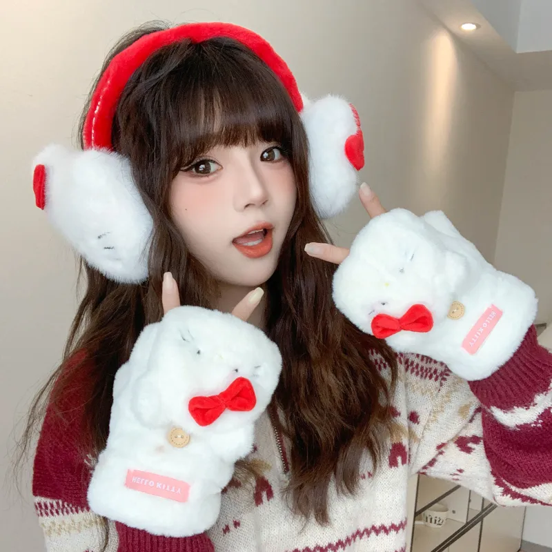 Hello Kitty Polyester Knit Gloves Unisex Red White-2