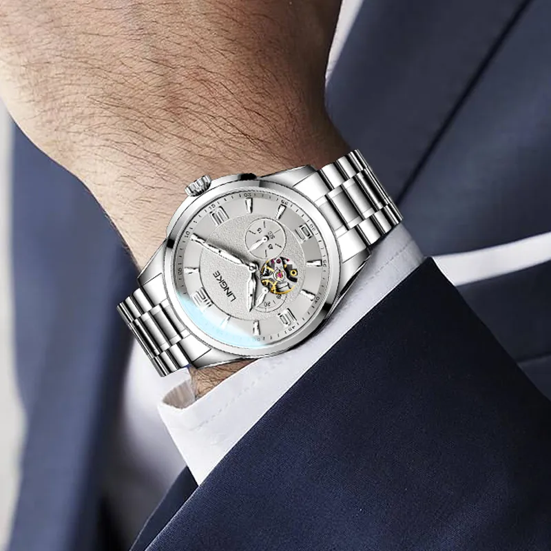 LINGKE Automatic Mechanical Movement Watch Men's Watches White Dial-5