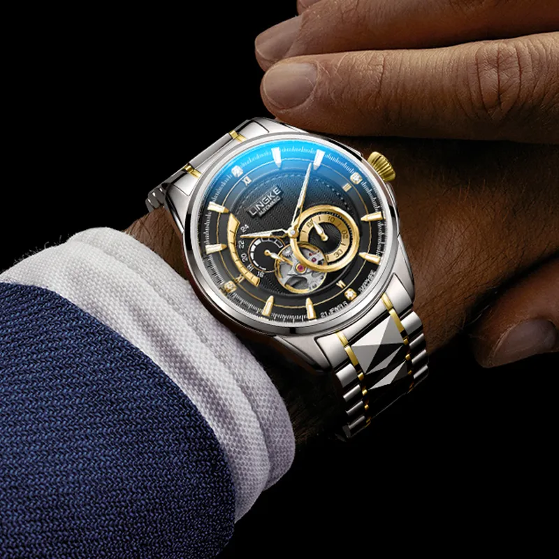 LINGKE Automatic Mechanical Movement Steel Strap Watch Men's Watches White Dial-2