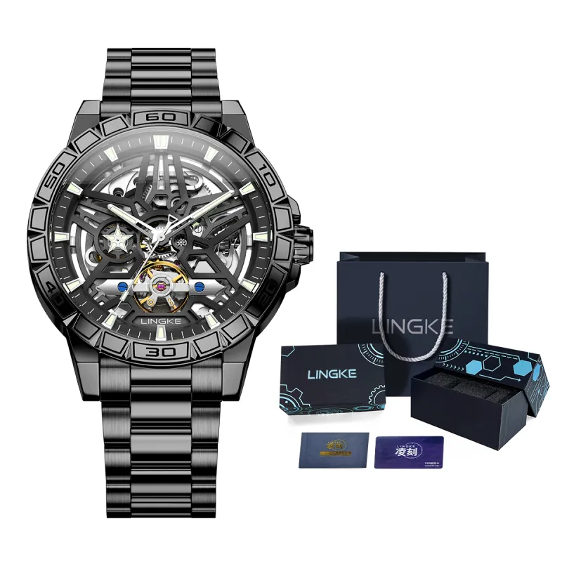 LINGKE Automatic Mechanical Movement Stainless Steel Watchband Watch Men's Watches Black Dial-1